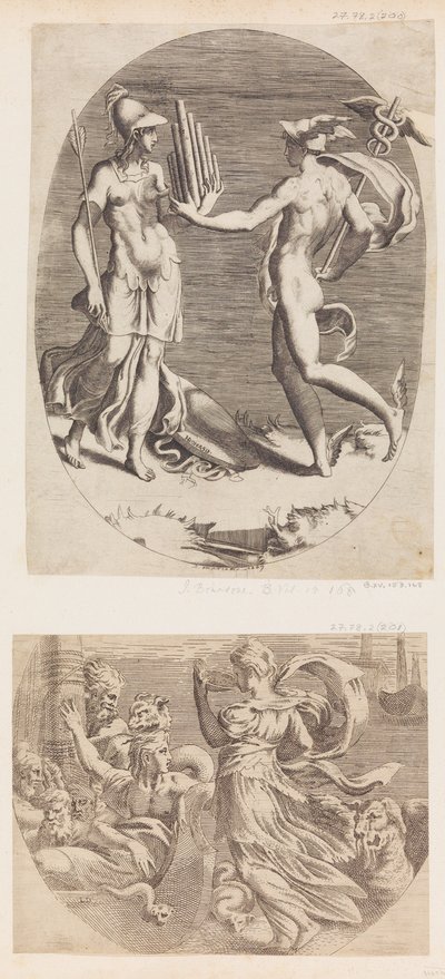 Mercurio presentando una flauta de pan a Minerva de Giulio Bonasone