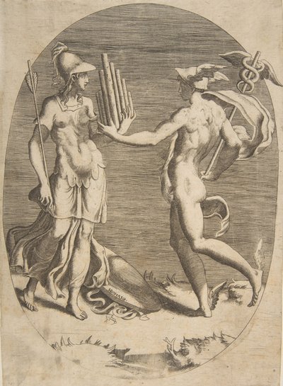 Mercurio presentando una flauta de pan a Minerva que está a la izquierda, una composición oval, 1531-76 de Giulio Bonasone
