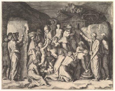 Moisés diciendo a los israelitas que recojan el maná y Moisés golpeando la roca de Giulio Bonasone
