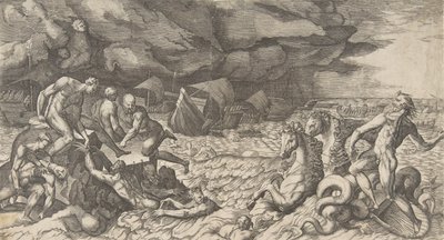 Neptuno calmando la Tempestad que Eolo levantó contra la Flota de Eneas de Giulio Bonasone