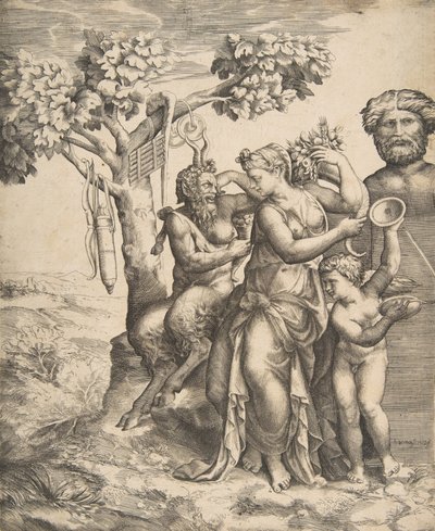 Pan a la Izquierda Sentado Junto a una Ninfa de Pie, a la Derecha Cupido Sosteniendo Platillos de Giulio Bonasone