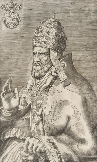 Retrato del Papa Marcelo II, mano derecha levantada mirando a la izquierda de Giulio Bonasone