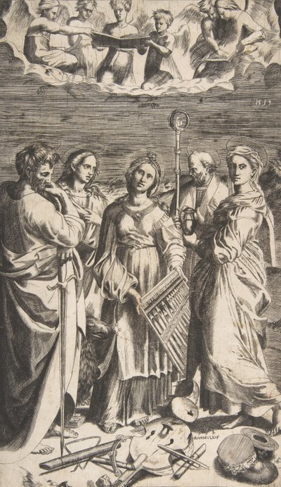 Santa Cecilia de pie en el centro acompañada por San Pablo, la Magdalena, San Juan, 1531 de Giulio Bonasone