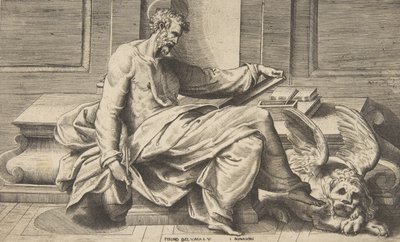 San Marcos escribiendo su Evangelio, un león alado a la derecha de Giulio Bonasone