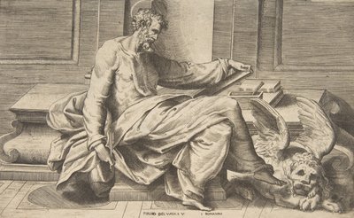 San Marcos escribiendo su evangelio, león alado a la derecha, 1531-76 de Giulio Bonasone
