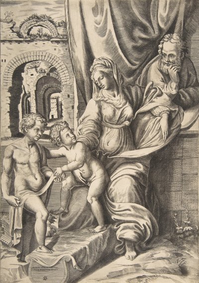 La Sagrada Familia y el niño Juan el Bautista, 1531-76 de Giulio Bonasone