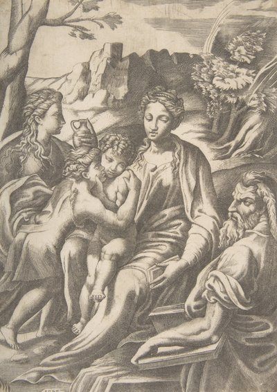 La Sagrada Familia con María Magdalena y Juan el Bautista que abraza a Cristo, 1543 de Giulio Bonasone