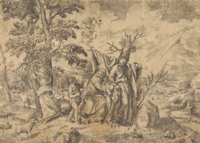 El descanso en la huida a Egipto, José a la derecha, la Virgen sostiene al Niño Jesús, 1531-76 de Giulio Bonasone