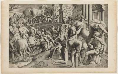 El caballo de Troya siendo arrastrado a la ciudad de Troya de Giulio Bonasone