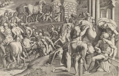 Los Troyanos Arrastrando el Caballo de Madera a Troya, 1545 de Giulio Bonasone