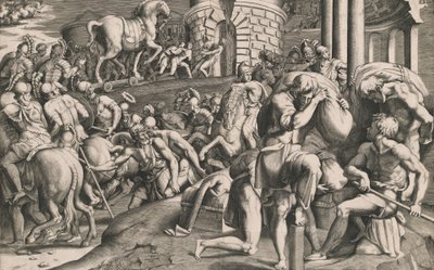 Los troyanos arrastrando el caballo de madera a la ciudad, 1545 de Giulio Bonasone