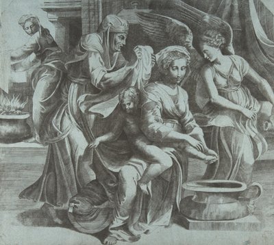 La Virgen lavando al Niño Jesús acompañada de figuras y un ángel a la derecha de Giulio Bonasone
