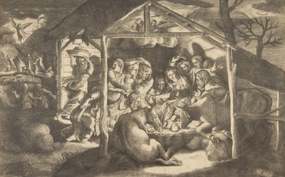 La adoración de los pastores, varias figuras rodeando al Niño Jesús, 1531-76 de Giulio Bonasone