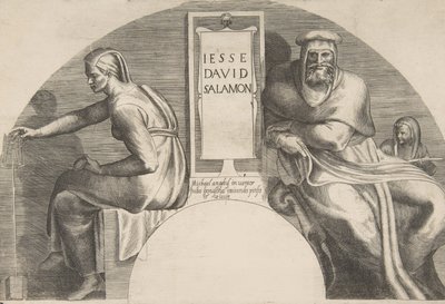 Los antepasados de Cristo flanqueando una tabla inscrita, una composición de arco superior, 1531-76 de Giulio Bonasone