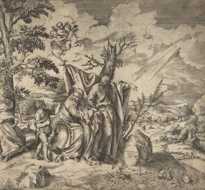 El descanso de la Sagrada Familia en su huida a Egipto de Giulio Bonasone