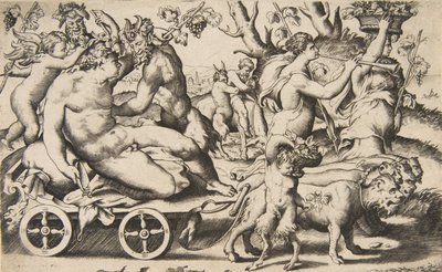 Triunfo de Baco sentado en un carruaje a la izquierda, 1531-76 de Giulio Bonasone