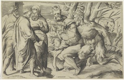 Dos sátiros llevan a Sileno al rey Midas de Giulio Bonasone