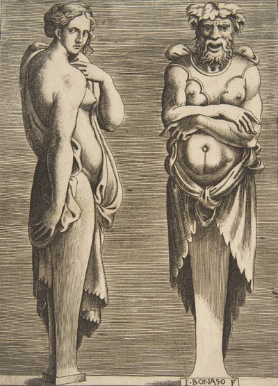 Dos términos, una ninfa a la izquierda Silvano a la derecha, ca. 1530-50 de Giulio Bonasone