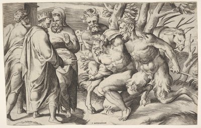 Dos sátiros llevando a Sileno al rey Midas, quien está a la izquierda con dos asistentes masculinos de Giulio Bonasone