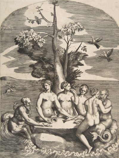 Dos dioses marinos acompañados por cuatro ninfas de Giulio Bonasone