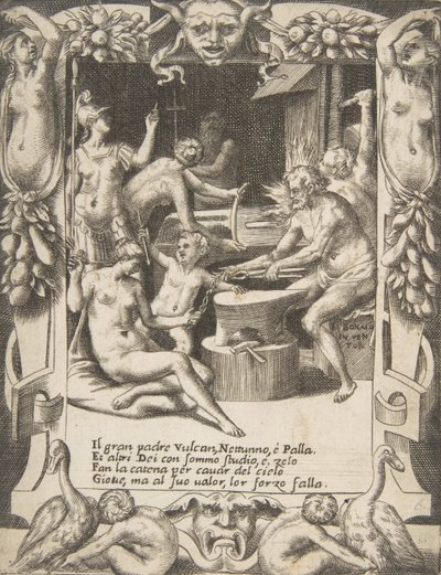 Vulcano, Neptuno, Atenea y otros dioses haciendo grilletes para tirar de Júpiter desde los cielos de Giulio Bonasone