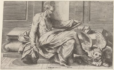 San Marcos escribiendo sus evangelios de Giulio Bonasone after Perino del Vaga