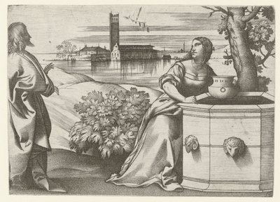 Cristo hablando con la mujer samaritana en el pozo de Giulio Campagnola