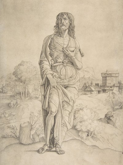 San Juan Bautista de pie en el paisaje, figuras y edificios al fondo de Giulio Campagnola