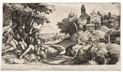 Pastores en un paisaje de Giulio Campagnola