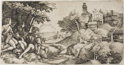Pastores en un paisaje de Giulio Campagnola