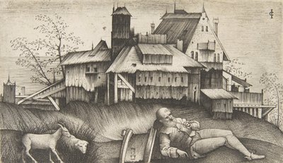 El viejo pastor acostado en un paisaje, edificios detrás, una cabra y una oveja, ca. 1500-1515 de Giulio Campagnola
