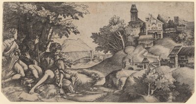Pastores en un paisaje de Giulio Campagnola and Domenico Campagnola