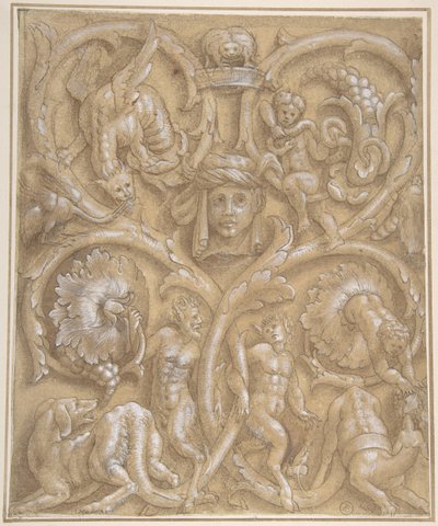 Diseño para un panel ornamental con rinceaux, sátiros, putti, monstruos y una cabeza humana, 1535-45 de Giulio Campi.