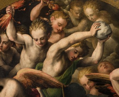 Transepto norte, Altar de San Miguel Arcángel, Arcángel Miguel matando al malvado, Giulio Campi 1566, (detalle) de Giulio Campi