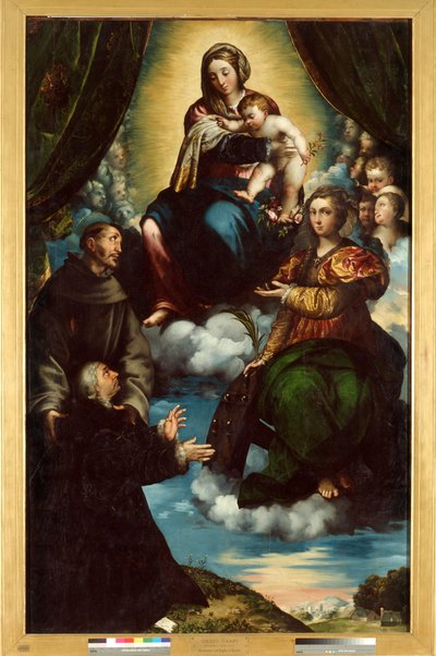 La Virgen y el Niño, Santa Catalina de Alejandría, San Francisco y Pietro Martire Stampa de Giulio Campi