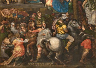 Pared opuesta a la contrafachada del transepto sur, Giuseppe Campi, Triunfo de Mardoqueo 1567, (detalle) parte inferior de Giulio Campi