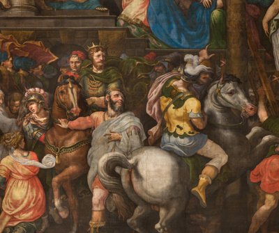 Muro opuesto a la contrafachada del transepto sur, Giuseppe Campi, Triunfo de Mardoqueo 1567 (detalle parte inferior) de Giulio Campi