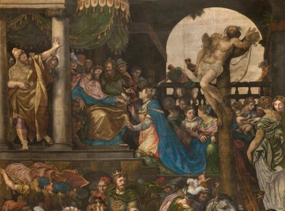 Pared opuesta a la contrafachada del transepto sur, Giuseppe Campi, Triunfo de Mardoqueo 1567, (detalle) de Giulio Campi