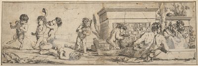 Bacanalia con sátiros infantiles y putti a la izquierda, una figura masculina desnuda reclinada al frente, 1633-78 de Giulio Carpioni