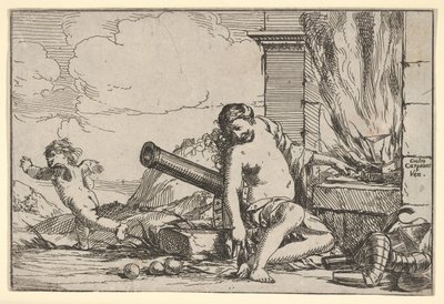 Fuego, representado por Venus sentada frente a la fragua de Vulcano, con armadura, un cañón y cañones, 1640-60 de Giulio Carpioni