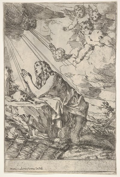 Magdalena penitente arrodillada en un suelo rocoso ante un cráneo y huesos, un ungüento..., ca. 1640-55 de Giulio Carpioni