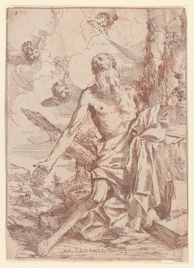 San Jerónimo arrodillado junto a un árbol con los brazos extendidos, 1640-60 de Giulio Carpioni