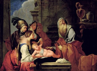 El profeta ciego Tiresias con el bebé Narciso de Giulio Carpioni