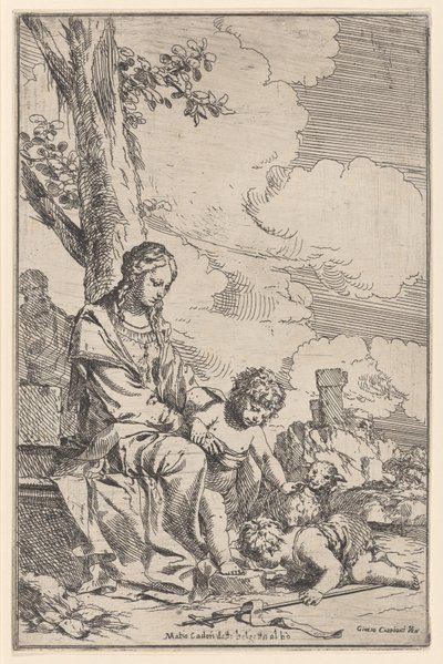 La Sagrada Familia con el infante San Juan besando los pies de Cristo, 1640-60 de Giulio Carpioni