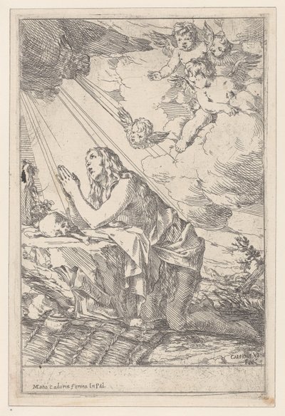 La Penitente Santa María Magdalena, arrodillada ante una calavera y huesos de Giulio Carpioni