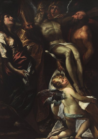 El Descendimiento de la Cruz con los santos María Magdalena, Agustín, Jerónimo y ángeles, c. 1618 de Giulio Cesare Procaccini