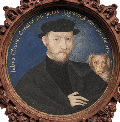 Autorretrato con perro, 1528 de Giulio Clovio