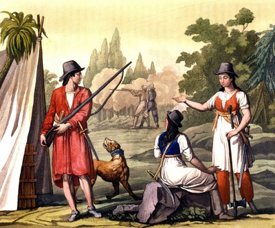 Bucaneros y mujeres flibutantes: el pirata Jack Rackham dice el Rojo o John Rackham, más conocido como Calico Jack (? -1720) representado con Anne Bonny (Bonney) y Mary (Marc) Read en las Indias Occidentales. Lámina extraída de "The old and modern costume" de Giulio Ferrario
