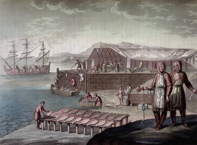 La pesca del bacalao realizada por los habitantes de Terranova - en "Le costume ancien et moderne" de Ferrario, ed. Milan de Giulio Ferrario