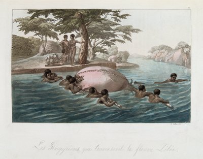 Habitantes de Zanzíbar cruzando el río Lebee a nado - en "El traje antiguo y moderno" de Ferrario, ed. Milán de Giulio Ferrario